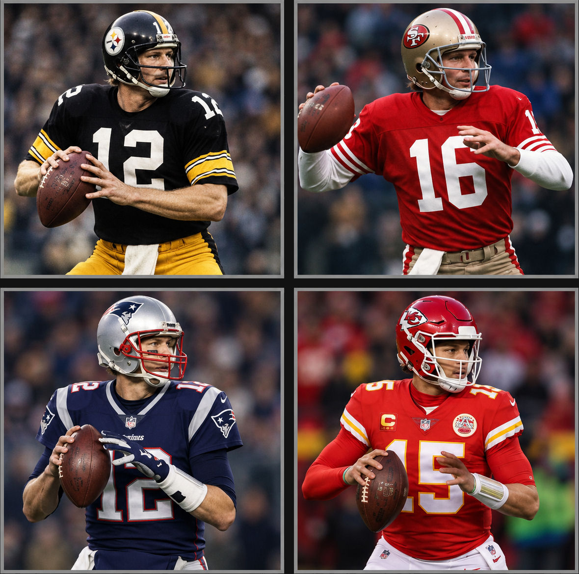 Joe Montana, Tom Brady, Terry Bradshaw and Patrick Mahomes